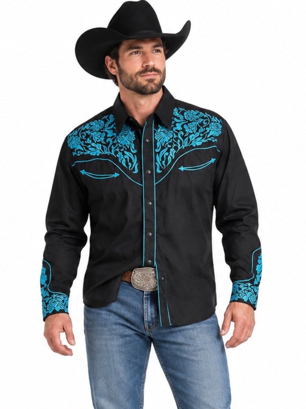 RODEO Clothing Co Men XL Black Turquoise Embroidered Western Snap Shirt RCCO
